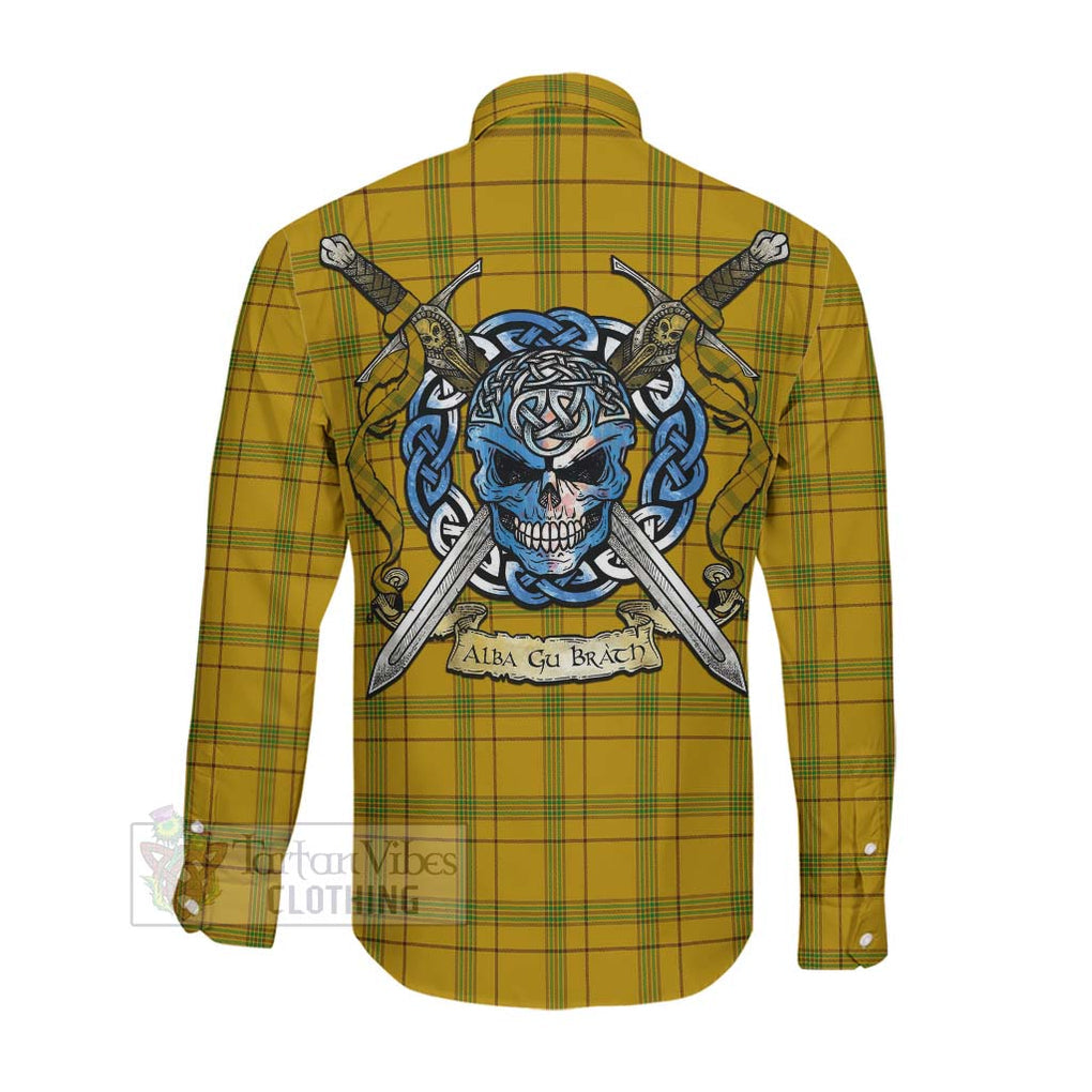 Houston Tartan Long Sleeve Button Shirt with Family Crest Celtic Skull Style Men's Shirt - Tartan Vibes Clothing