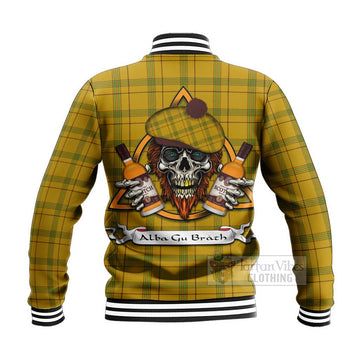 Houston Tartan Baseball Jacket with Family Crest and Bearded Skull Holding Bottles of Whiskey - Tartan Vibes Clothing