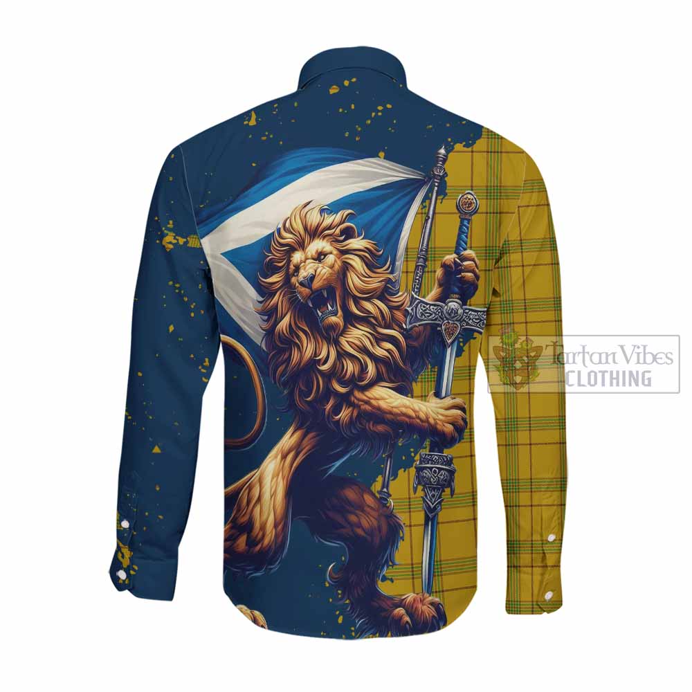 Houston Tartan Family Crest Long Sleeve Button Shirt with Scottish Majestic Lion Men's Shirt - Tartan Vibes Clothing