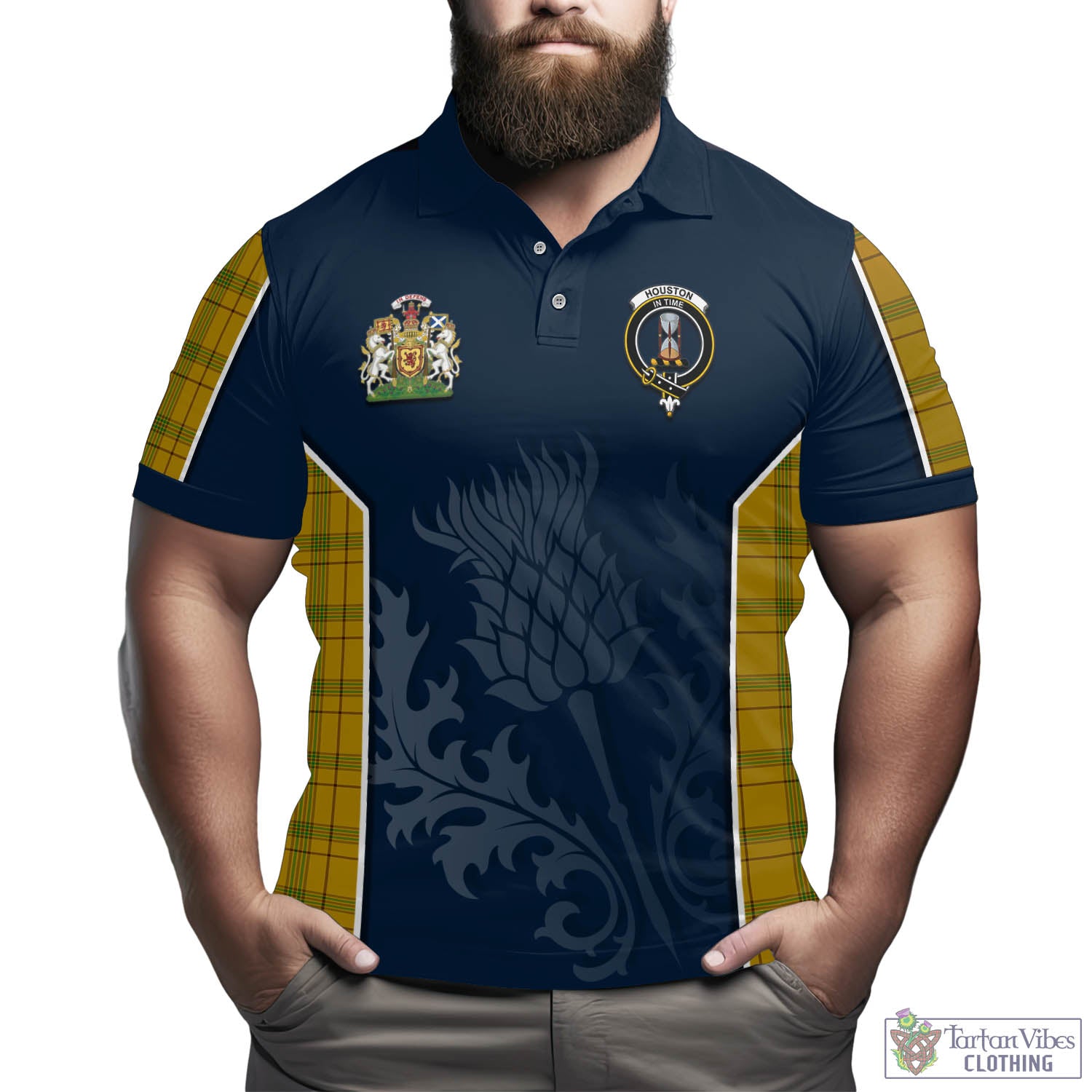 Tartan Vibes Clothing Houston Tartan Men's Polo Shirt with Family Crest and Scottish Thistle Vibes Sport Style