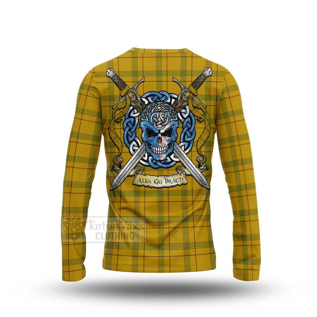 Houston Tartan Long Sleeve T-Shirt with Family Crest Celtic Skull Style - Tartan Vibes Clothing