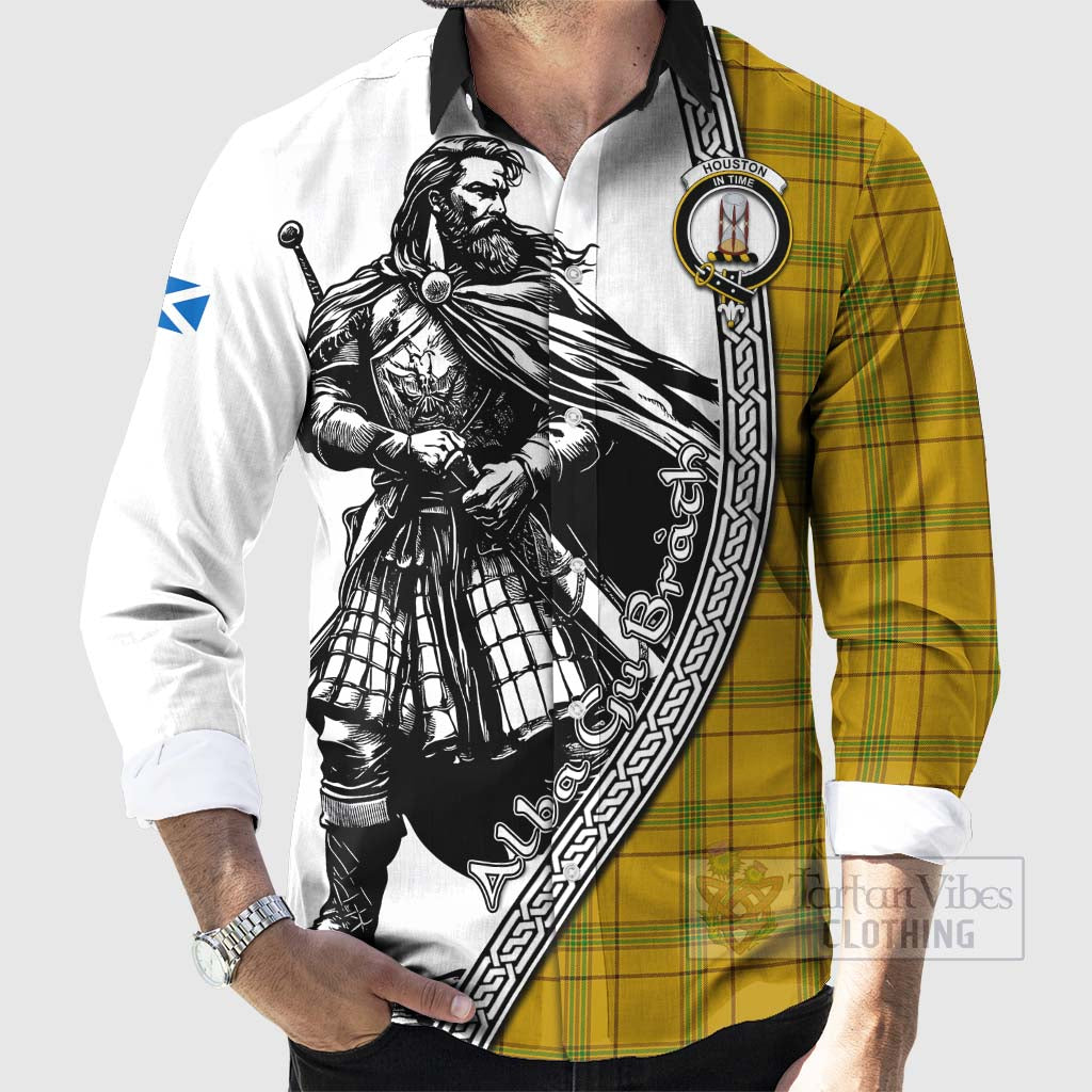 Houston Tartan Clan Crest Long Sleeve Button Shirt with Highlander Warrior Celtic Style - Tartan Vibes Clothing
