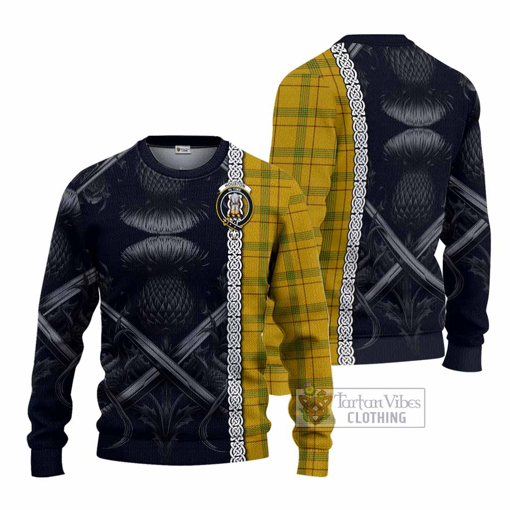 Houston Tartan Knitted Sweater with Family Crest Cross Sword Thistle Celtic Vibes - Tartan Vibes Clothing