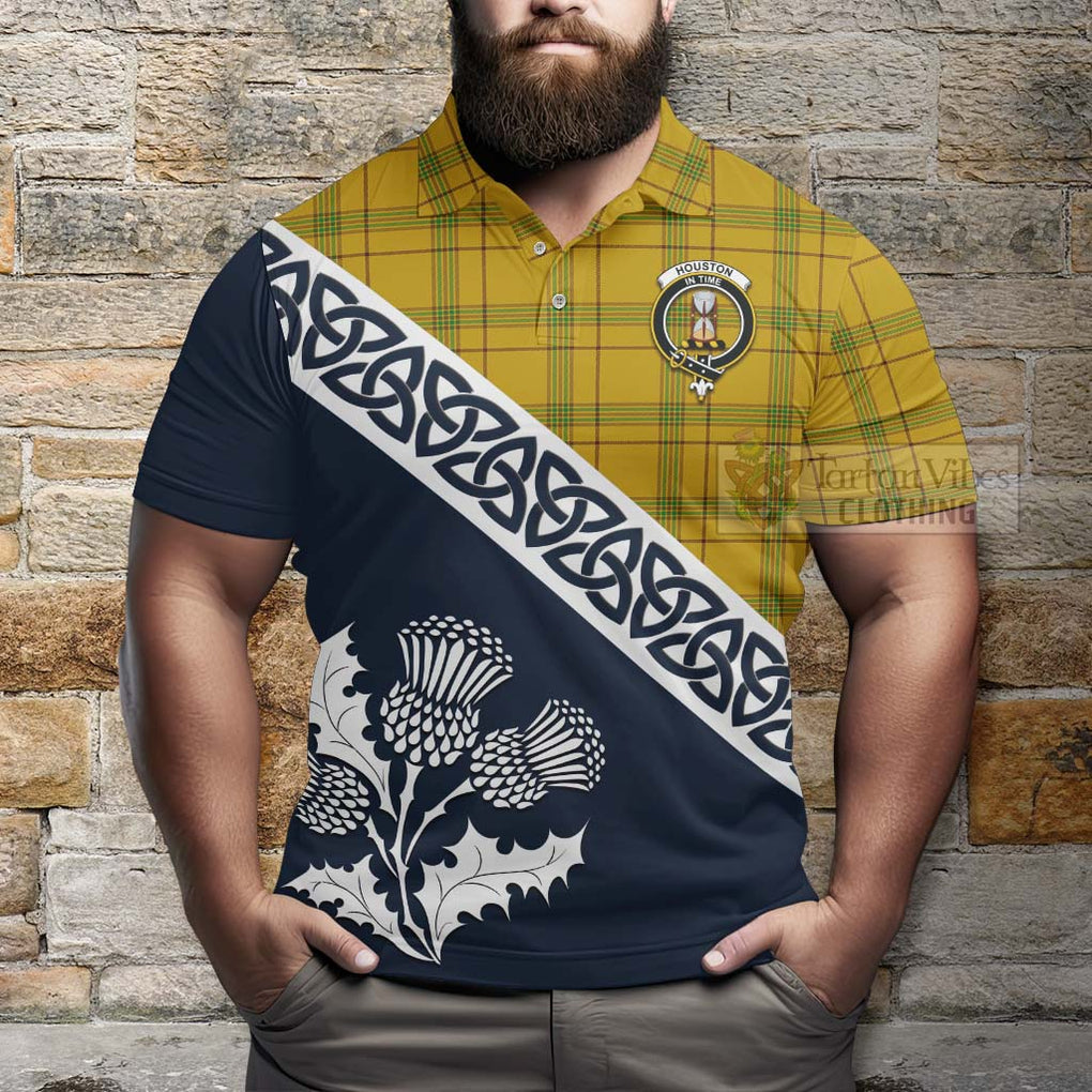 Houston Tartan Polo Shirt Featuring Thistle and Scotland Map - Tartanvibesclothing Store