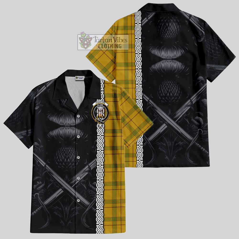 Houston Tartan Hawaiian Shirt with Family Crest Cross Sword Thistle Celtic Vibes - Tartan Vibes Clothing