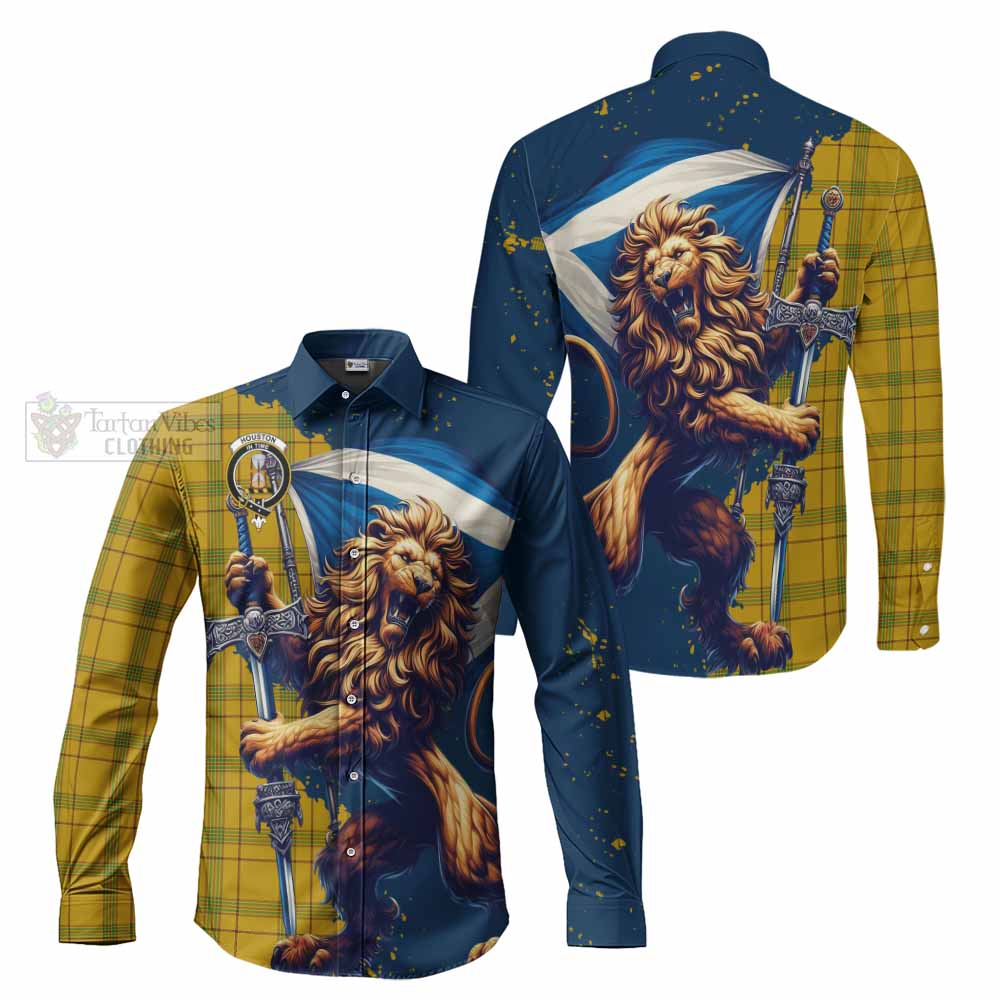 Houston Tartan Family Crest Long Sleeve Button Shirt with Scottish Majestic Lion - Tartan Vibes Clothing