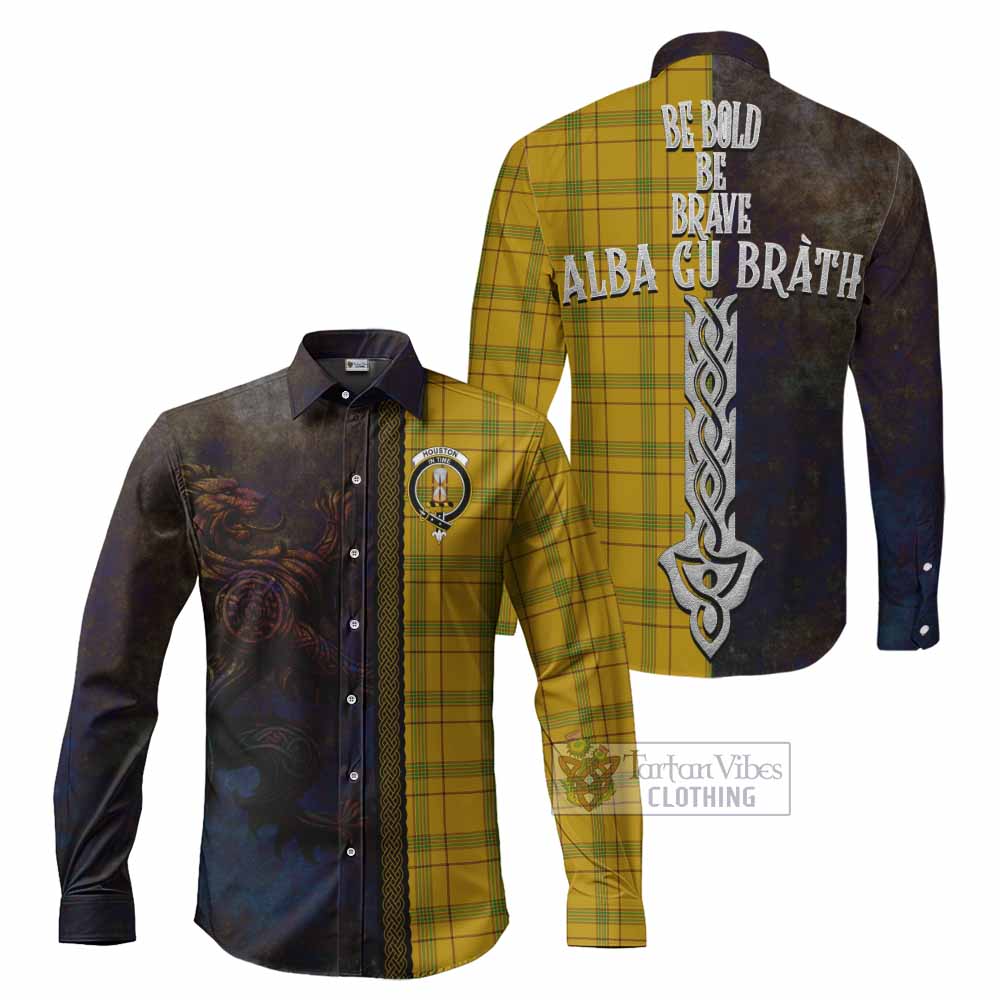 Houston Tartan Family Crest Long Sleeve Button Shirt Alba Gu Brath Be Brave Lion Ancient Style - Tartan Vibes Clothing