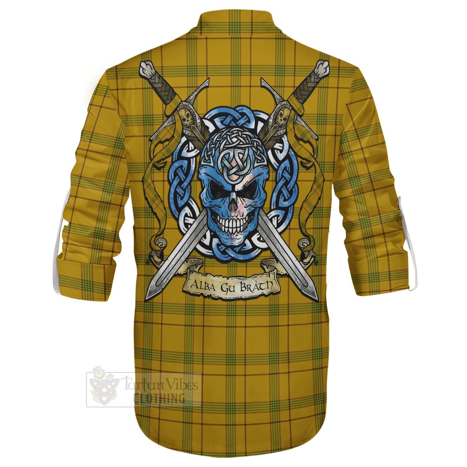 Houston Tartan Ghillie Kilt Shirt with Family Crest Celtic Skull Style - Tartan Vibes Clothing