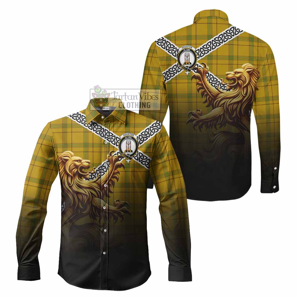 Houston Crest Tartan Long Sleeve Button Shirt with Golden Lion Emblem Celtic Style - Tartan Vibes Clothing