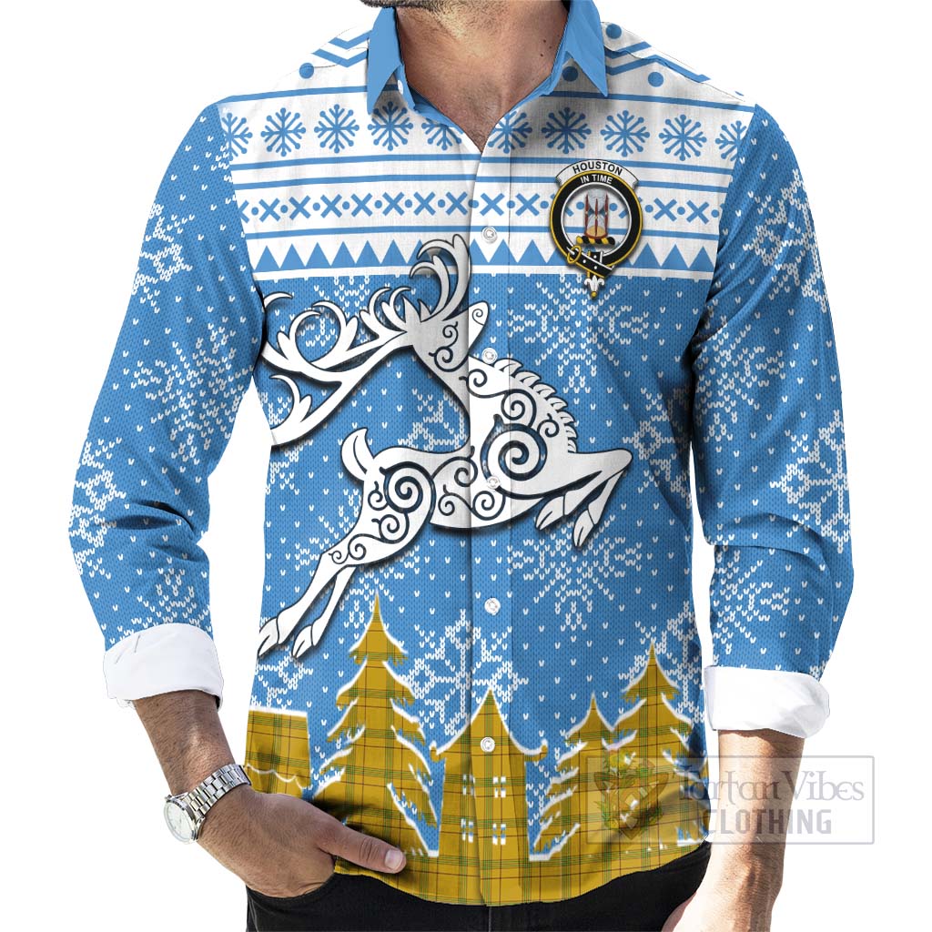 Houston Clan Christmas Long Sleeve Button Shirt Celtic Reindeer Style - Tartan Vibes Clothing