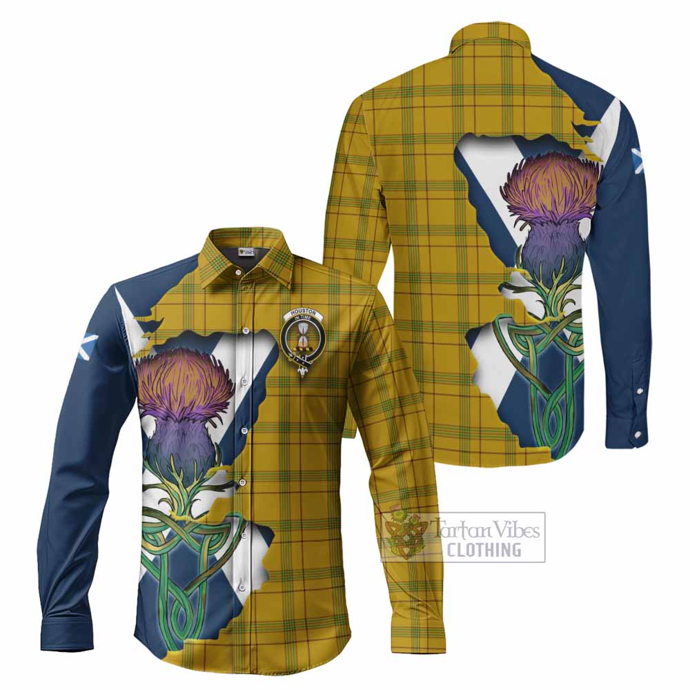 Houston Tartan Family Crest Long Sleeve Button Shirt Scottish Thistle Celtic Inspired - Tartan Vibes Clothing