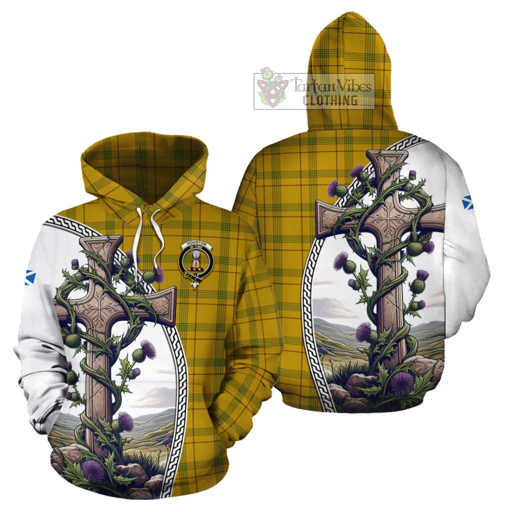 Tartan Vibes Clothing Houston Tartan Cotton Hoodie with Family Crest and St. Andrew's Cross Accented by Thistle Vines