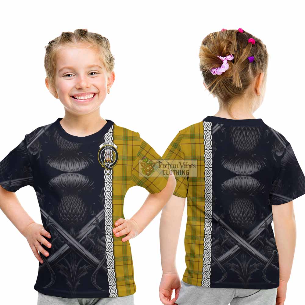 Houston Tartan Kid T-Shirt with Family Crest Cross Sword Thistle Celtic Vibes - Tartan Vibes Clothing