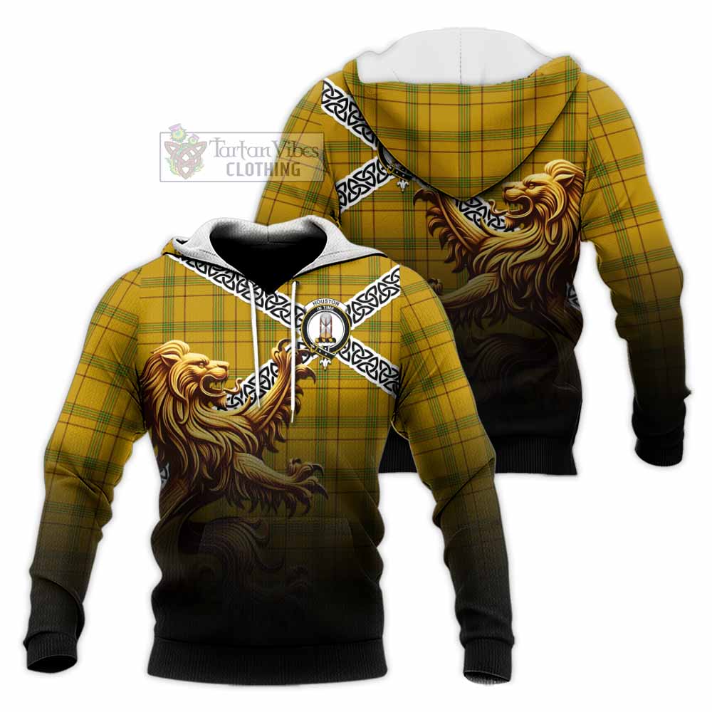 Tartan Vibes Clothing Houston Crest Tartan Knitted Hoodie with Golden Lion Emblem Celtic Style