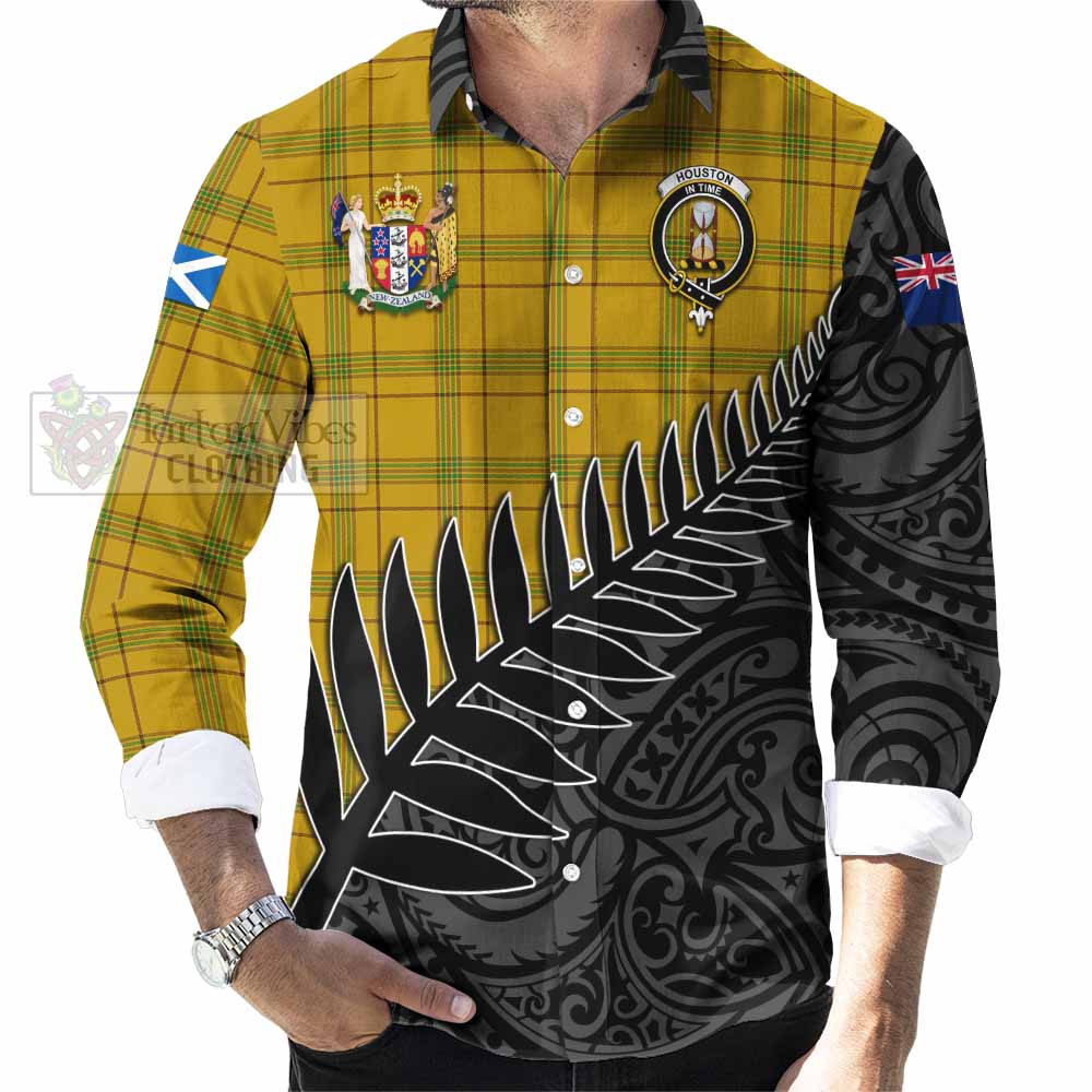 Houston Crest Tartan Long Sleeve Button Shirt with New Zealand Silver Fern Half Style - Tartan Vibes Clothing