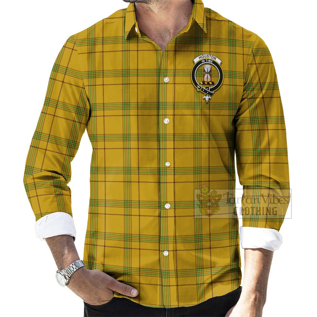 Houston Tartan Long Sleeve Button Shirt with Family Crest Celtic Skull Style - Tartan Vibes Clothing