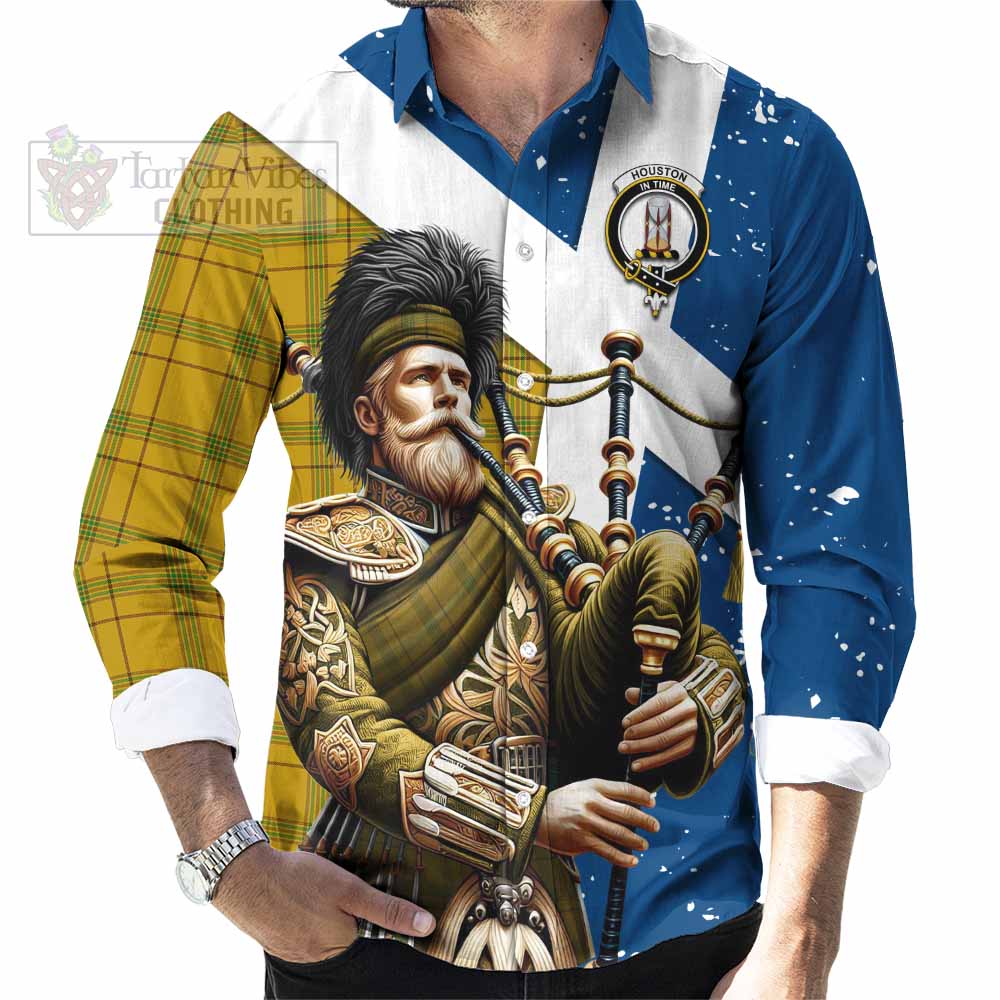 Houston Tartan Long Sleeve Button Shirt with Family Crest Scottish Bagpiper Vibes - Tartan Vibes Clothing