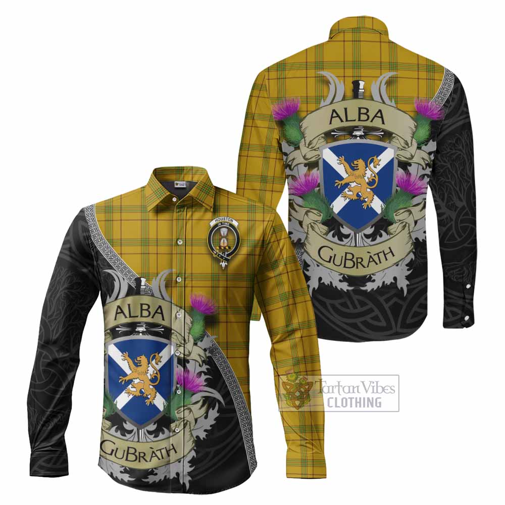 Houston Tartan Family Crest Long Sleeve Button Shirt Lion Rampant Royal Thistle Shield Celtic Inspired - Tartan Vibes Clothing