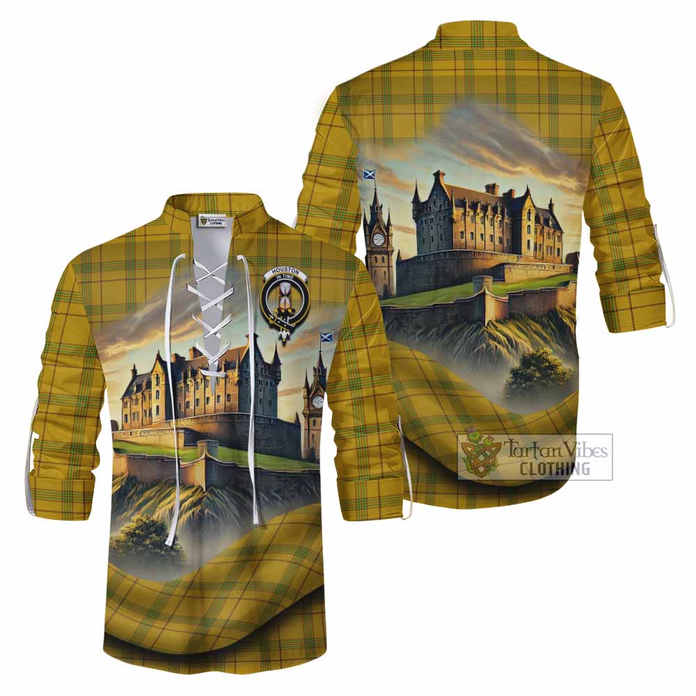 Houston Tartan Family Crest Ghillie Kilt Shirt with Scottish Ancient Castle Style - Tartan Vibes Clothing