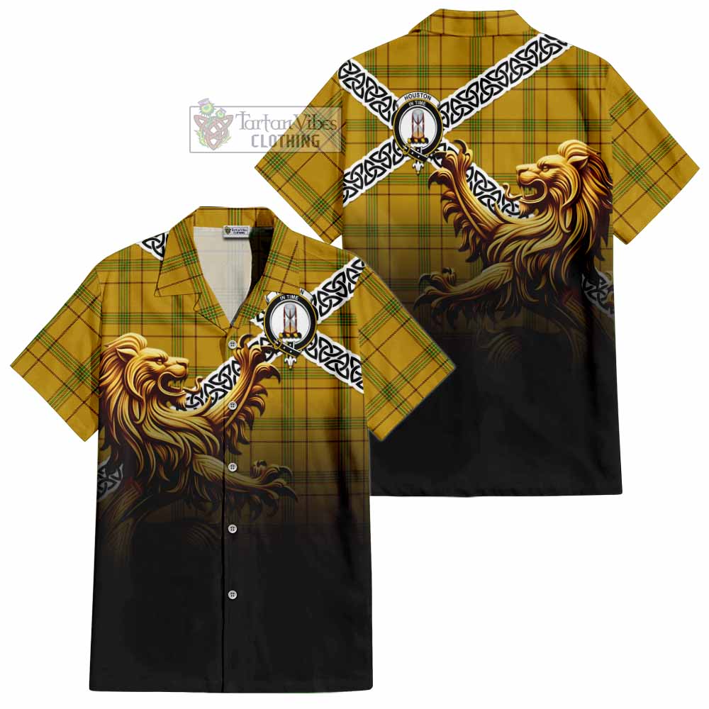 Houston Crest Tartan Hawaiian Shirt with Golden Lion Emblem Celtic Style - Tartan Vibes Clothing