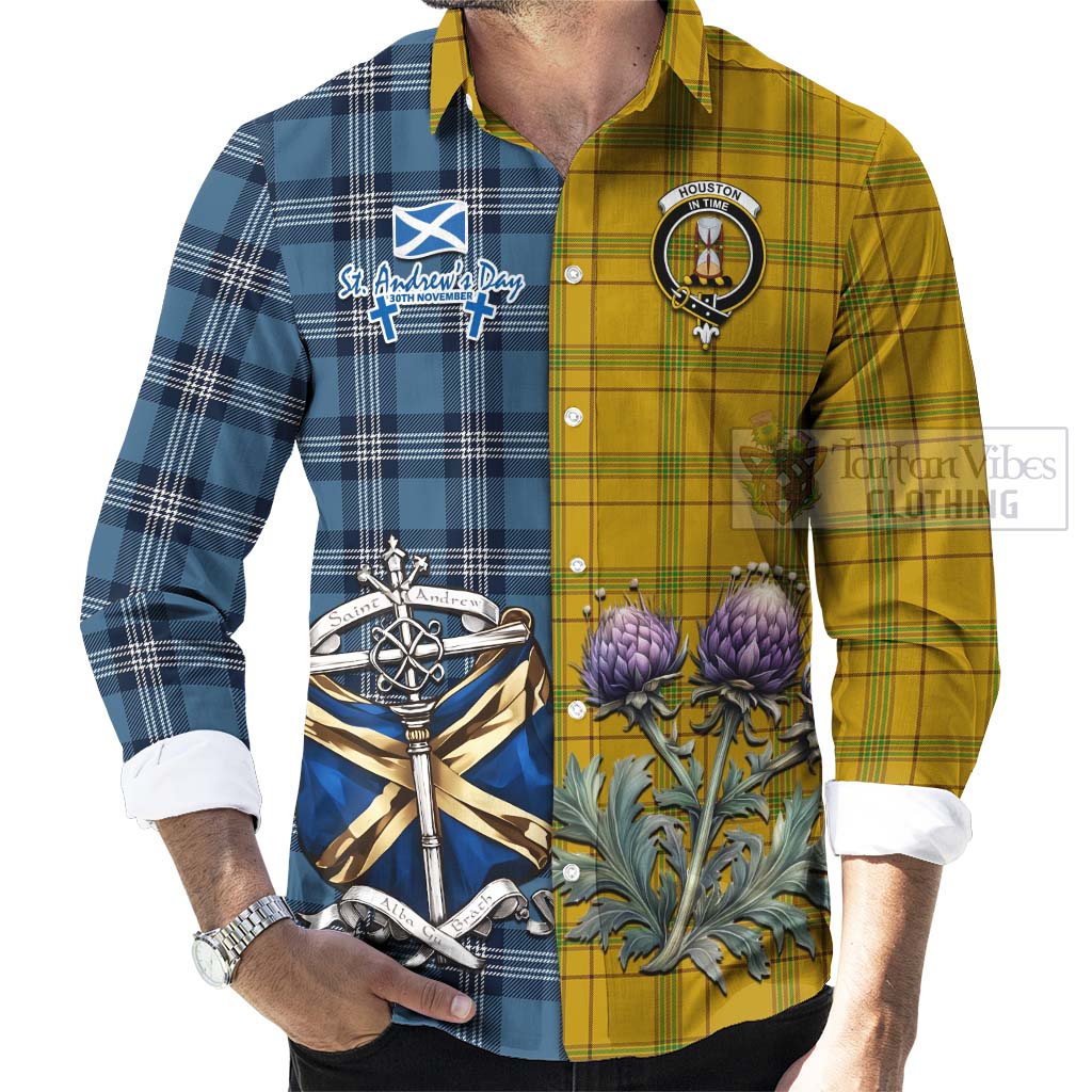 Houston Tartan Long Sleeve Button Shirt Happy St. Andrew's Day Half Tartan Style - Tartan Vibes Clothing