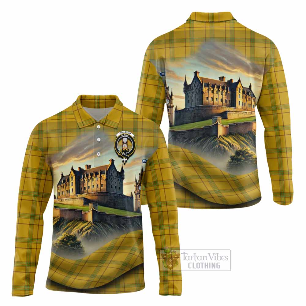 Houston Tartan Family Crest Long Sleeve Polo Shirt with Scottish Ancient Castle Style - Tartan Vibes Clothing