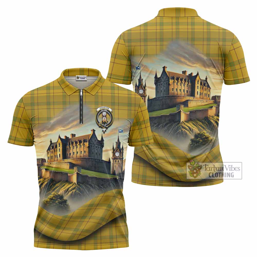 Houston Tartan Family Crest Zipper Polo Shirt with Scottish Ancient Castle Style - Tartan Vibes Clothing