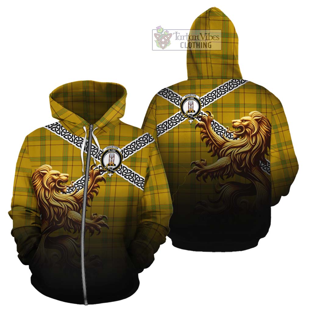 Houston Crest Tartan Cotton Hoodie with Golden Lion Emblem Celtic Style Zip Hoodie - Tartan Vibes Clothing