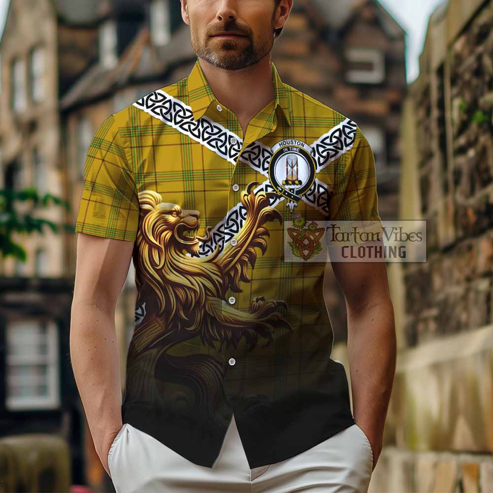 Houston Crest Tartan Hawaiian Shirt with Golden Lion Emblem Celtic Style - Tartan Vibes Clothing