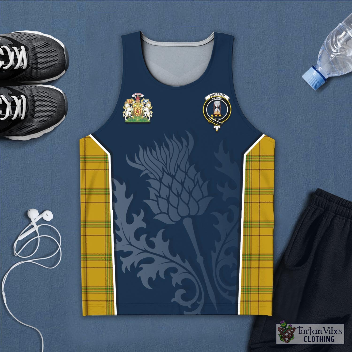 Tartan Vibes Clothing Houston Tartan Men's Tanks Top with Family Crest and Scottish Thistle Vibes Sport Style
