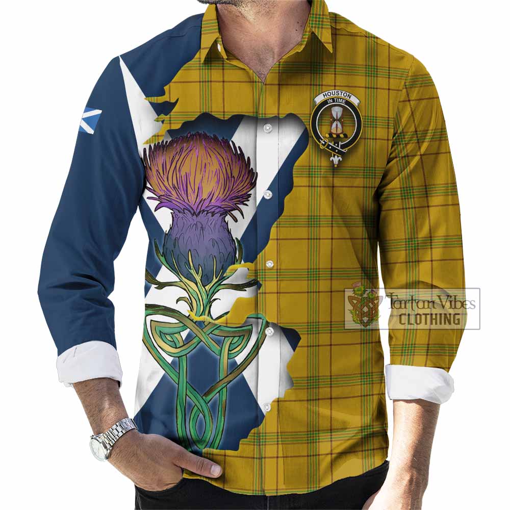 Houston Tartan Family Crest Long Sleeve Button Shirt Scottish Thistle Celtic Inspired - Tartan Vibes Clothing