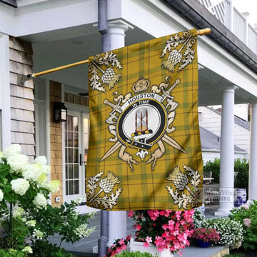 Houston Tartan Garden Flag with Family Crest and Golden Thistle Crossed Sword Design