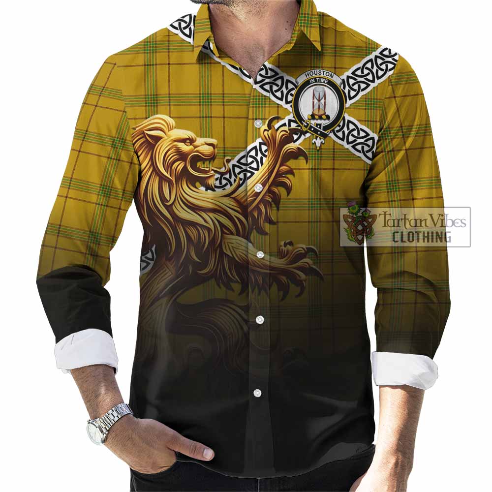 Houston Crest Tartan Long Sleeve Button Shirt with Golden Lion Emblem Celtic Style - Tartan Vibes Clothing