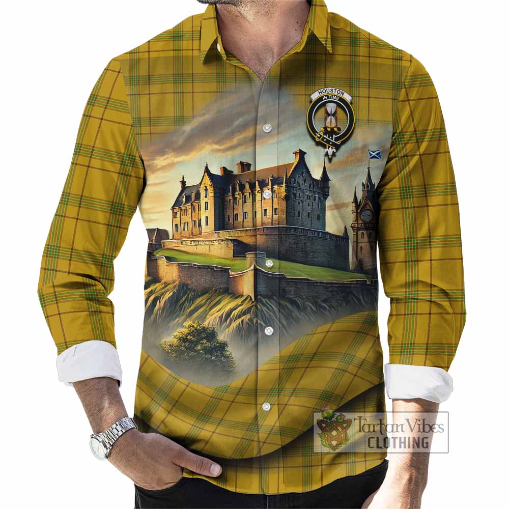 Tartan Vibes Clothing Houston Tartan Family Crest Long Sleeve Button Shirt with Scottish Ancient Castle Style