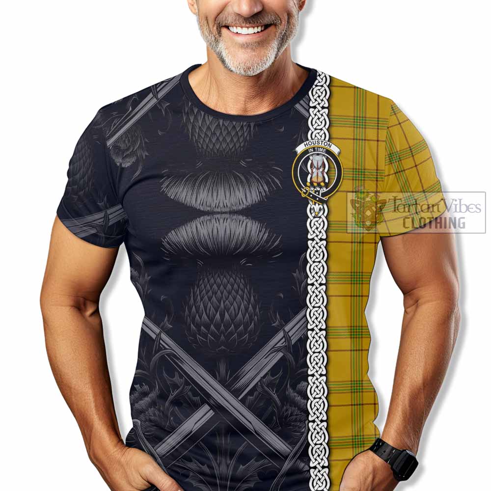 Houston Tartan T-Shirt with Family Crest Cross Sword Thistle Celtic Vibes - Tartan Vibes Clothing
