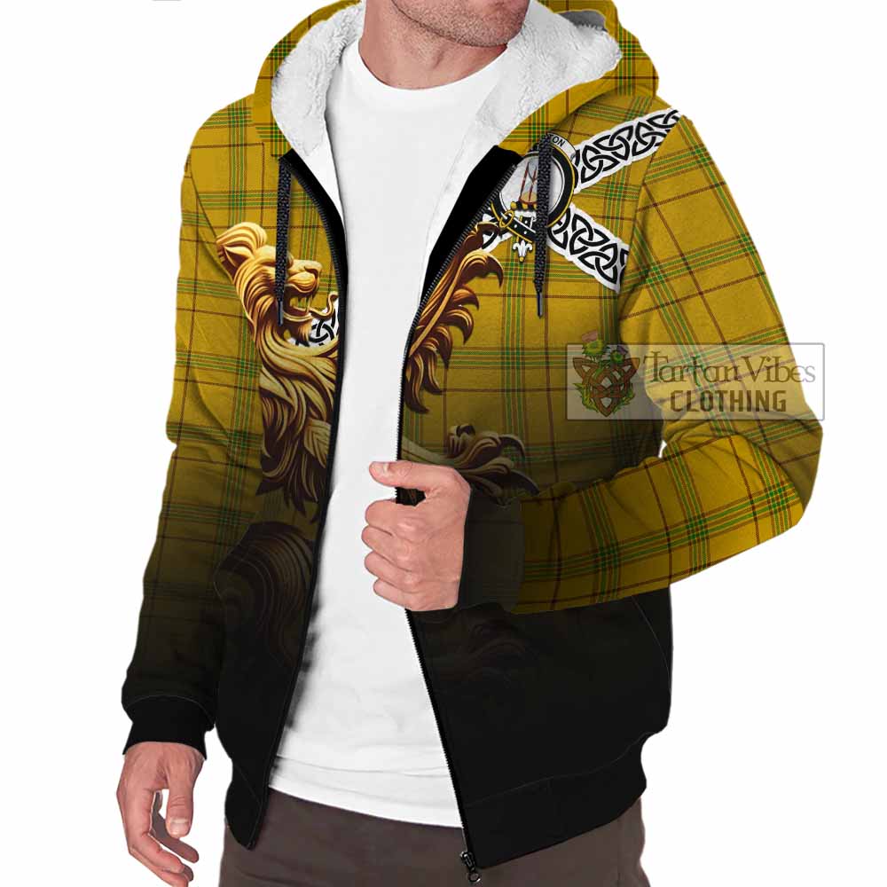Houston Crest Tartan Sherpa Hoodie with Golden Lion Emblem Celtic Style - Tartan Vibes Clothing