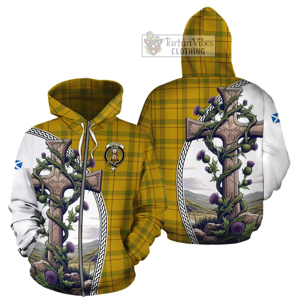 Tartan Vibes Clothing Houston Tartan Cotton Hoodie with Family Crest and St. Andrew's Cross Accented by Thistle Vines