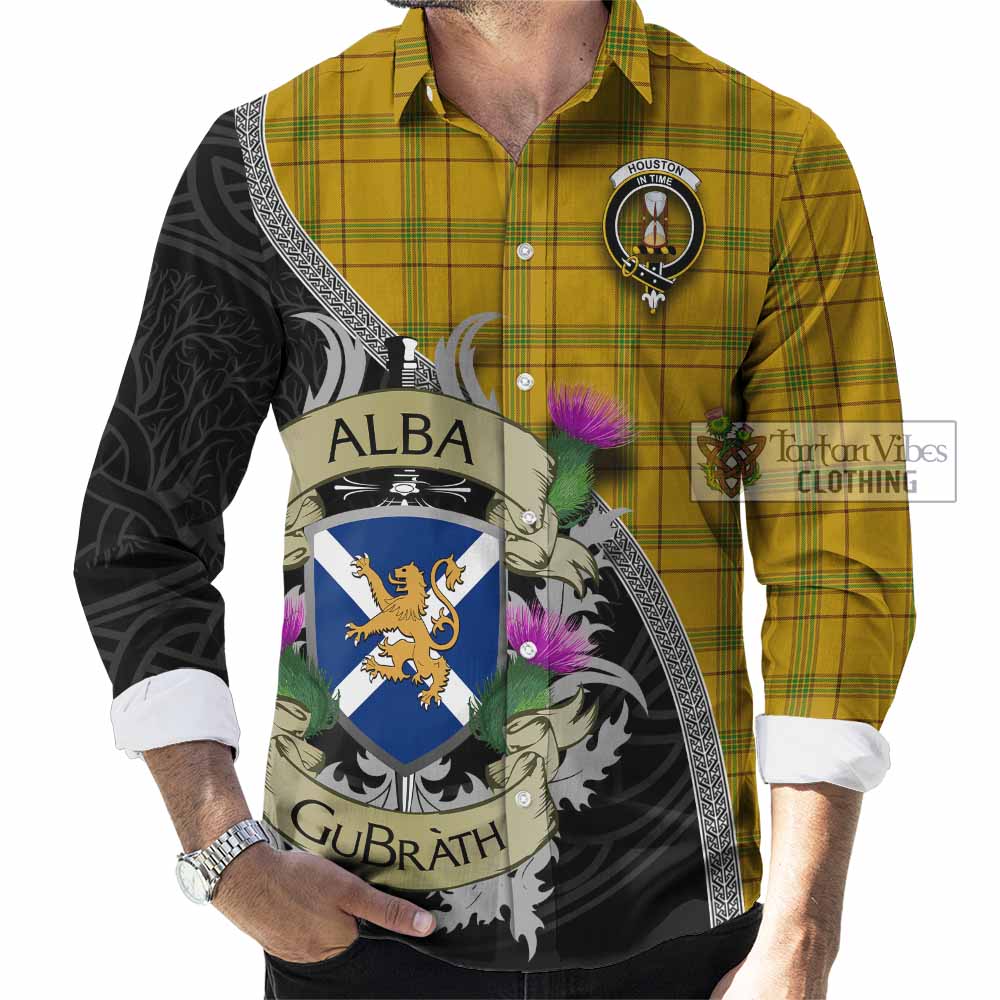 Houston Tartan Family Crest Long Sleeve Button Shirt Lion Rampant Royal Thistle Shield Celtic Inspired - Tartan Vibes Clothing