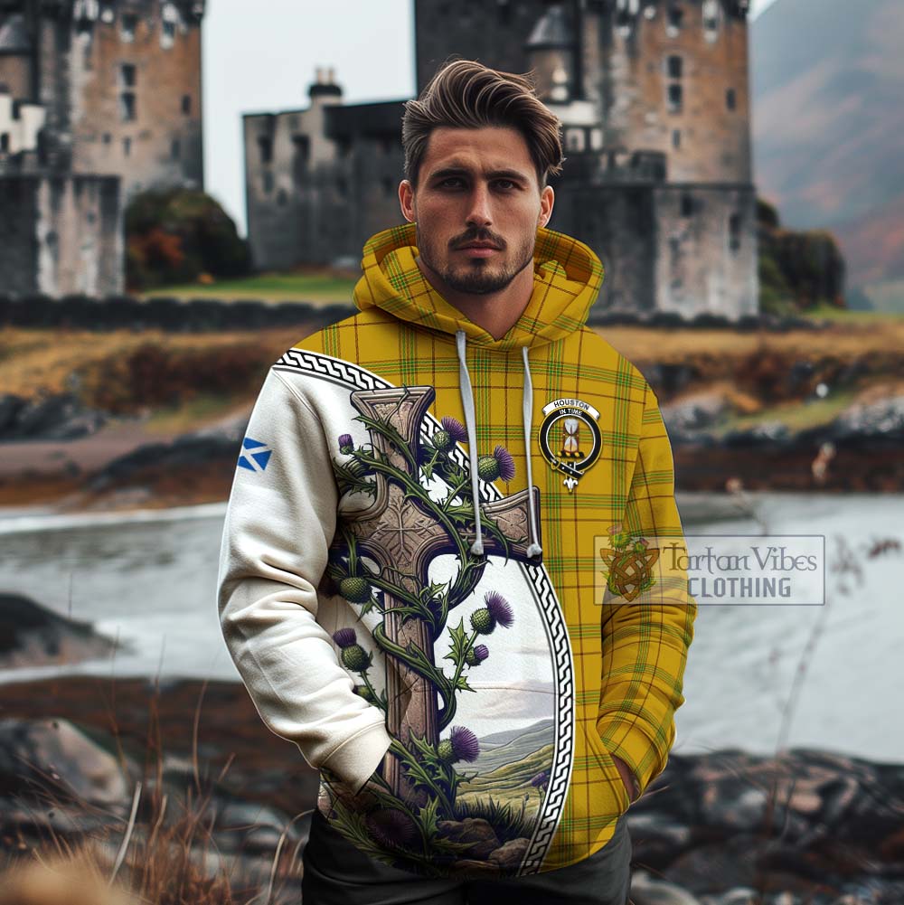 Tartan Vibes Clothing Houston Tartan Cotton Hoodie with Family Crest and St. Andrew's Cross Accented by Thistle Vines