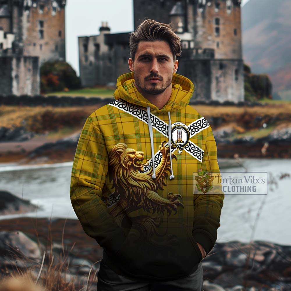 Houston Crest Tartan Cotton Hoodie with Golden Lion Emblem Celtic Style - Tartan Vibes Clothing