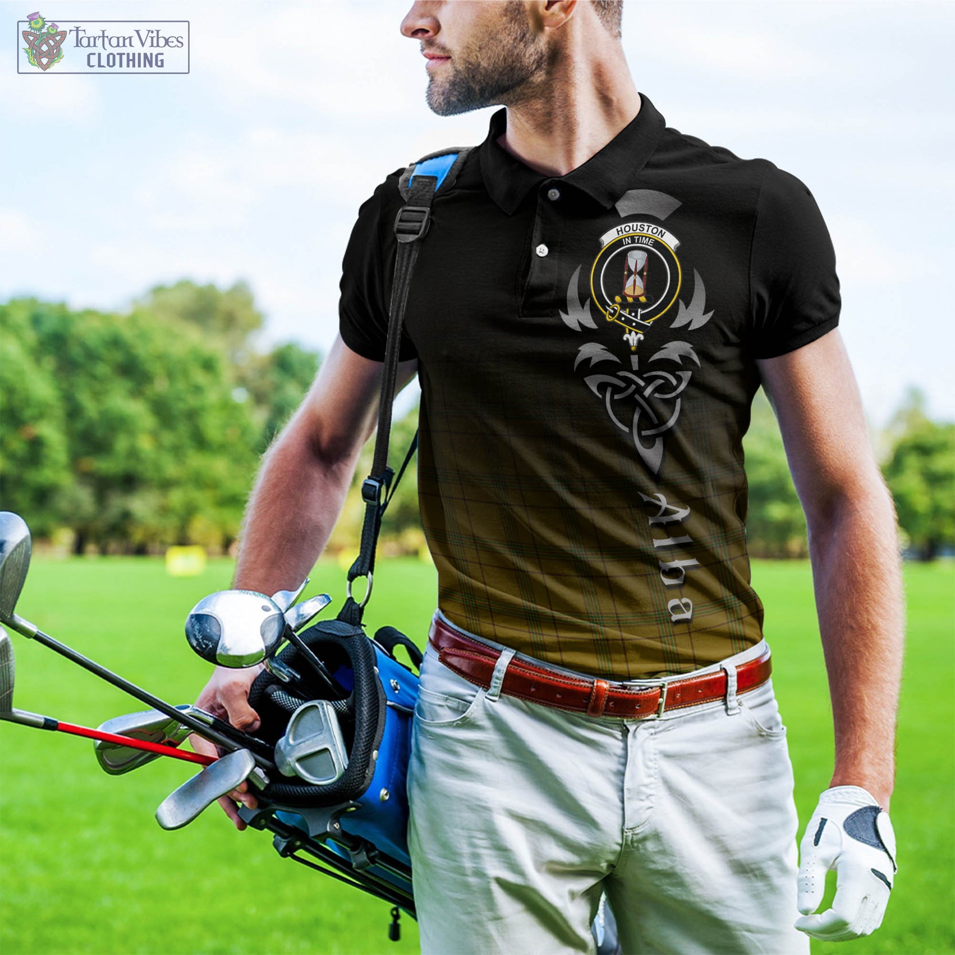 Houston Tartan Polo Shirt Featuring Alba Gu Brath Family Crest Celtic Inspired - Tartan Vibes Clothing