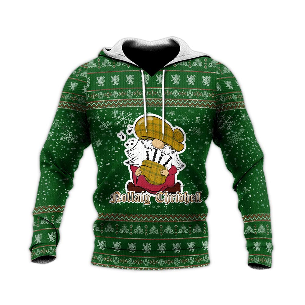 Houston Clan Christmas Knitted Hoodie with Funny Gnome Playing Bagpipes - Tartanvibesclothing