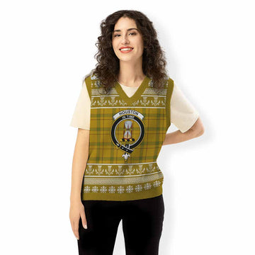 Houston Clan Tartan Christmas Knitted V-Neck Vest with Family Crest - Tartan Vibes Clothing
