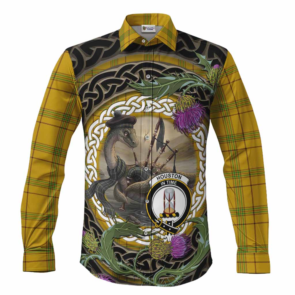 Houston Tartan Crest Bagpipe Nessie Long Sleeve Button Shirts Scottish Loch Ness Monster Celtic Thistle