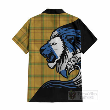 Houston Tartan Crest Cotton Hawaiian Shirt Scottish Golden Lions Wave Flow