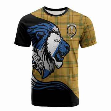 Houston Tartan Crest Cotton T-shirt Scottish Golden Lions Wave Flow