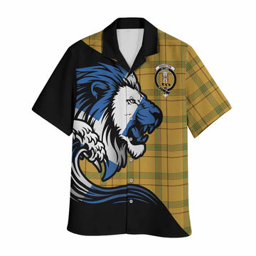 Houston Tartan Crest Hawaiian Shirt Scottish Golden Lions Wave Flow