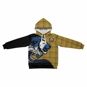 Houston Tartan Crest Kid Hoodie Scottish Golden Lions Wave Flow