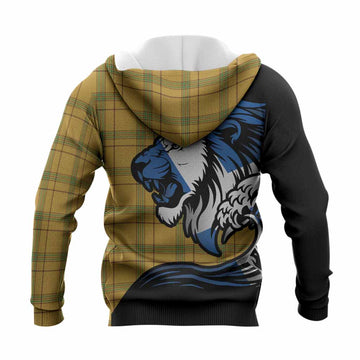 Houston Tartan Crest Knitted Hoodie Scottish Golden Lions Wave Flow