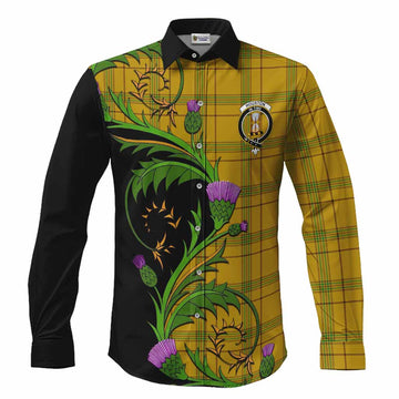 Houston Tartan Crest Long Sleeve Button Shirts Scottish Thistle Pride Heritage Art